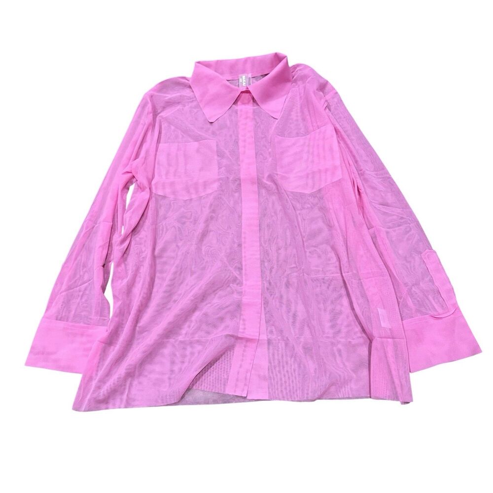 Norma Kamali Candy Pink Sheer Mesh Button Front Blouse Shirt Top M NWT